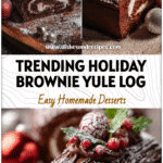 Decorated brownie yule log dusted with powdered sugar surrounded by holiday ornaments.